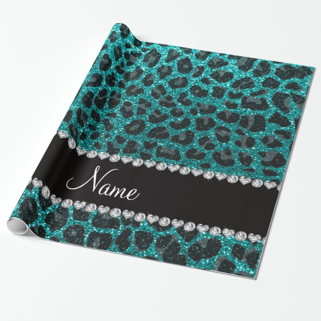 Det anpassade namnet "smart aqua glitter leopard" presentpapper (Utrullad)