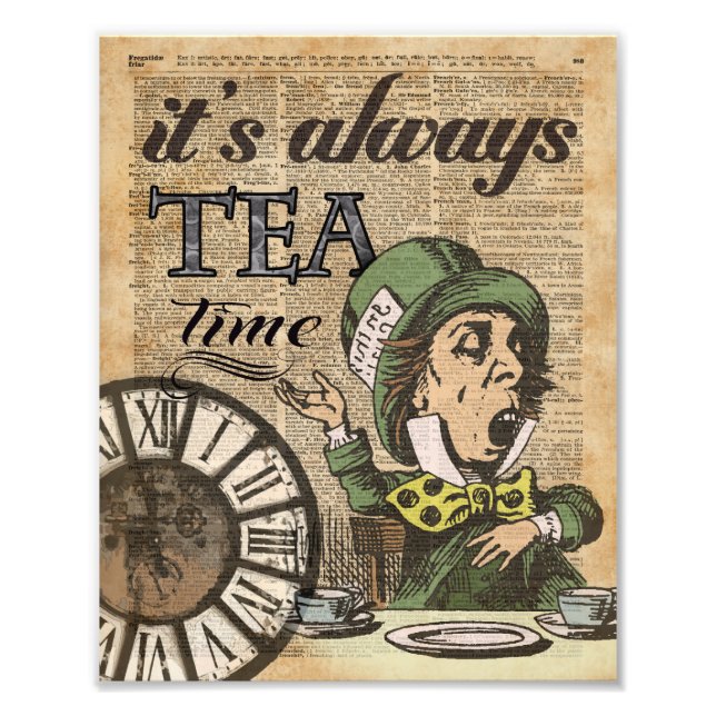 "Det är alltid tetid" Mad Hatter Dictionary Art Fototryck (Framsidan)