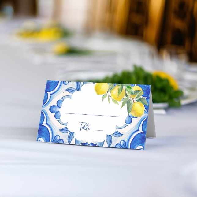 Det är amore Blå kakel citron Italiensk bröllopsdu Placeringskort (That's amore vintage Italian Blue tile lemon bridal shower wedding Place Card personalized decor)
