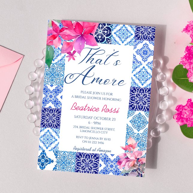 Det är Amore Blue Tiles Blommigt Möhippa Inbjudningar (That's Amore Blue Tiles Floral Bougainvillea Bridal Shower Invitation)