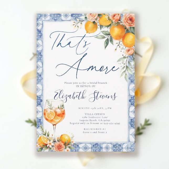 Det är Amore Bröllopsdusch Citrus Italiensk Sommar Inbjudningar (that's amore bridal shower theme elegant invitation calligraphy italian summer blue watercolor)