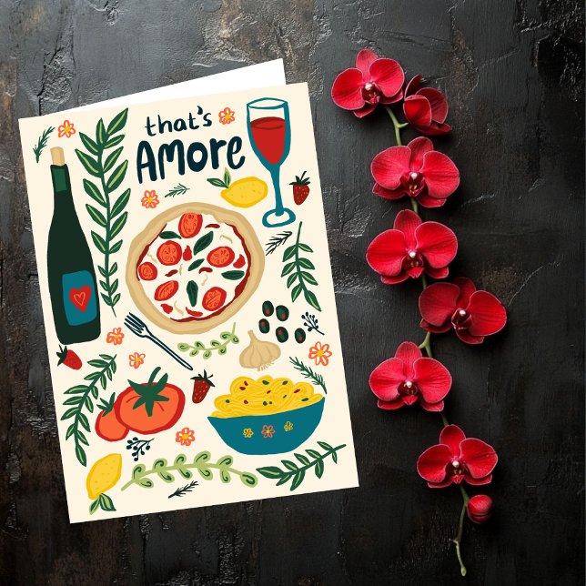 Det är Amore Italiana Food Valentine Kärlek Whimsi Kort (That's Amore Italian Food Valentine Love Whimsical Card
Happy Valentines Day Foodie)