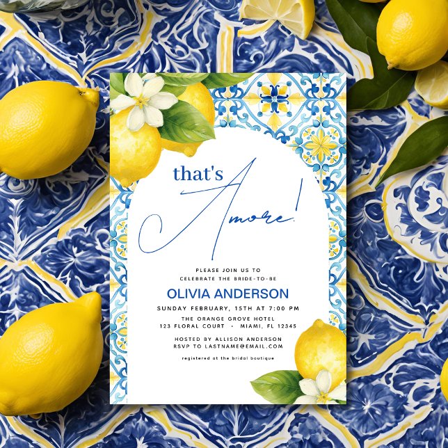 Det är Amore Italiana Lemon Blue Tile Möhippa Inbjudningar (Skapare uppladdad)