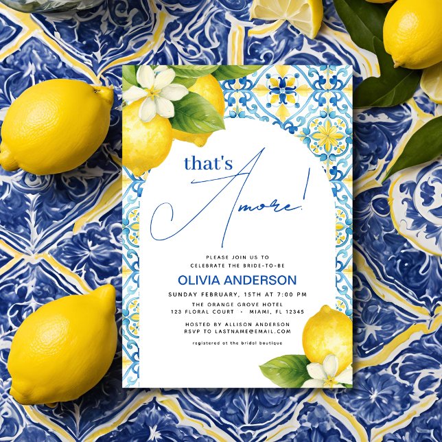 Det är Amore Italiana Lemon Blue Tile Möhippa Inbjudningar (Skapare uppladdad)