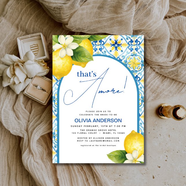Det är Amore Italiana Lemon Blue Tile Möhippa Inbjudningar (Skapare uppladdad)