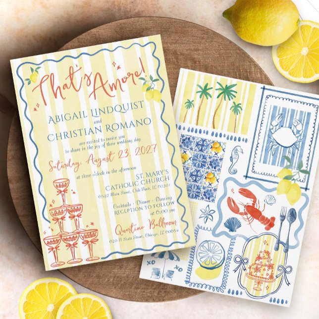 Det är Amore Italiana Lemons Blue Coastal Bröllop Inbjudningar (Hand drawn Italian blue and yellow striped coastal ocean mediterranean tiles lemon wedding invite)
