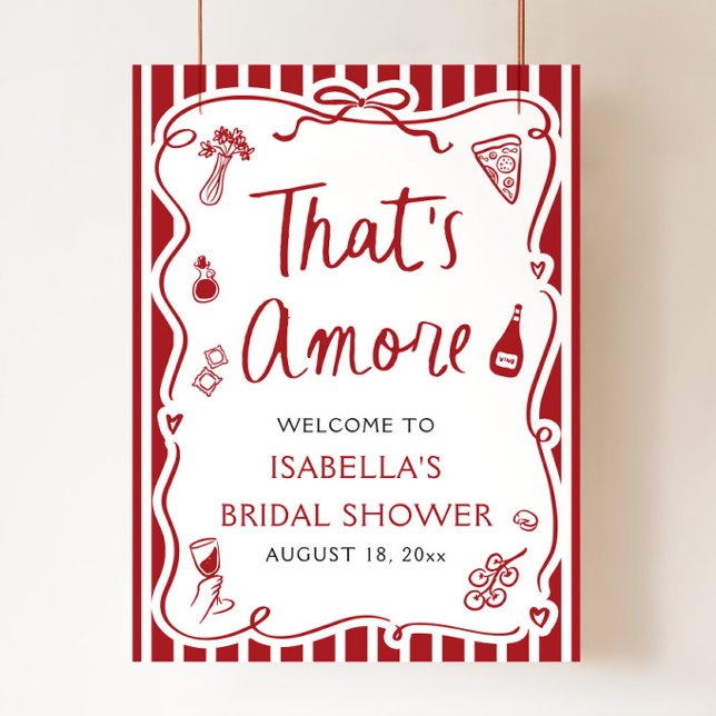 Det är Amore Italias Red Möhippa Välkommen Poster (Modern That's Amore Red Italian Pizza Pasta Wine Bridal Shower Welcome Sign)