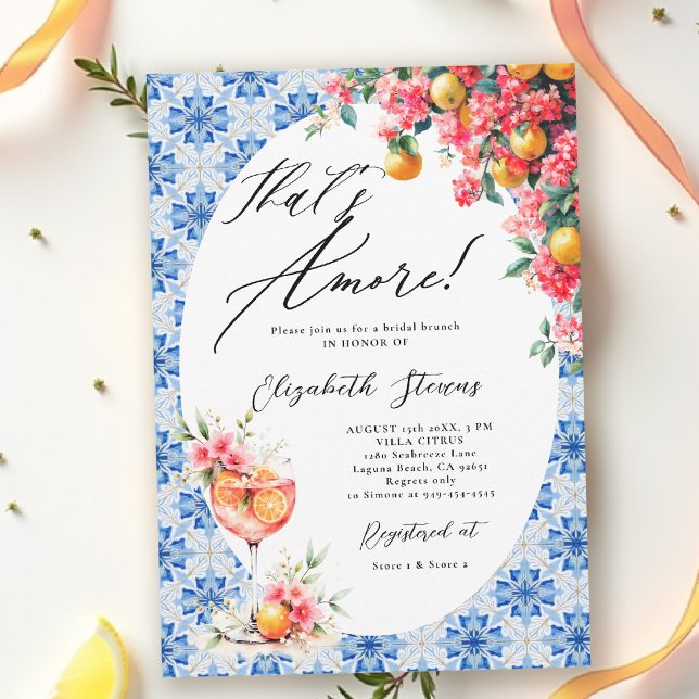 Det är Amore Italienska Citron Blommig Bröllopsdus Inbjudningar (thats amore italian themed bridal shower invitation lemon and blue watercolor floral bouganvillea)