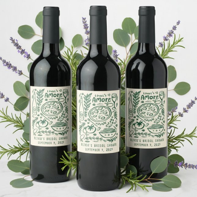 Det är Amore Italienska Mat Anpassad Bröllopsfest  Vinflaska Etikett (That's Amore Italian Food Hand-drawn Doodles CUSTOM Bridal Shower Wine Food Label Stickers
)
