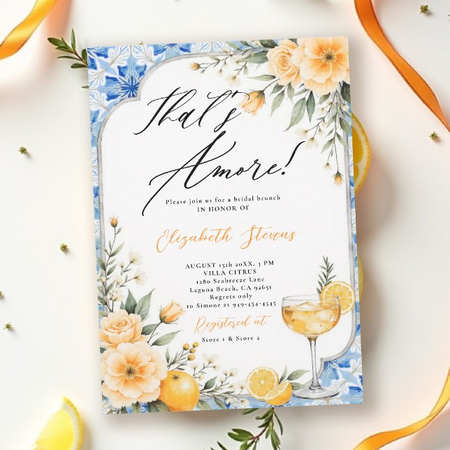 Det är Amore Italienskt Tematisk Bröllopsfest för  Inbjudningar (thats amore italian themed bridal shower invitation lemon and blue watercolor floral cocktail brunch)