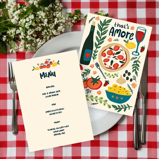 Det är Amore Italy Food Kärlek Whimsical ANPASSNIN Meny (That's Amore Italian Food Love Whimsical CUSTOM MENU Wedding Engagement Anniversary Menu
)