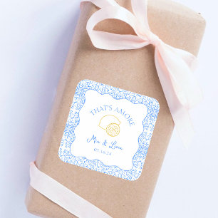 Det är Amore Lemon Blue Tiles Amalfi Italien Bröll Fyrkantigt Klistermärke