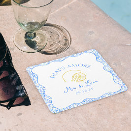 Det är Amore Lemon Blue Tiles Personlig Bröllop Underlägg Papper Kvadrat