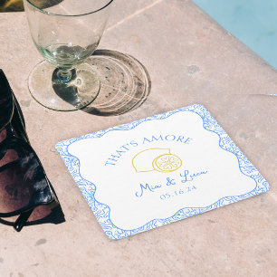 Det är Amore Lemon Blue Tiles Personlig Bröllop Underlägg Papper Kvadrat