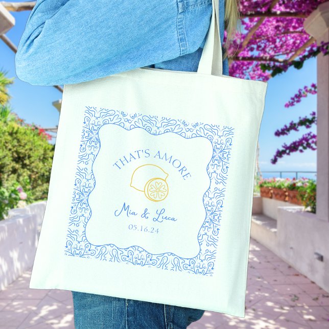 Det är Amore Personlig Amalfi Kusten Bröllop Tygkasse (Add a playful touch to your wedding favors with this 'That's Amore' lemon-themed personalized tote.)