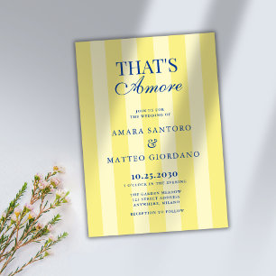 Det är Amore-randig blå och gul bröllopsklänning Inbjudningar