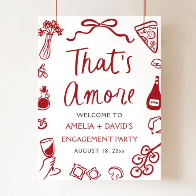 Det är Amore Red Italias Förlovningsfest Välkommen Poster (That's Amore Red Italian Engagement Party Welcome Sign)