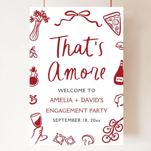 Det är Amore Red Italias Förlovningsfest Välkommen Poster (That's Amore Red Italian Engagement Party Welcome Sign)