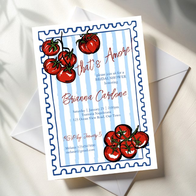 Det är amore tomatblå italiensk bröllopsdusch inbjudningar (That's amore tomato blue stripes post stamp Italian bridal shower Invitation cards template)