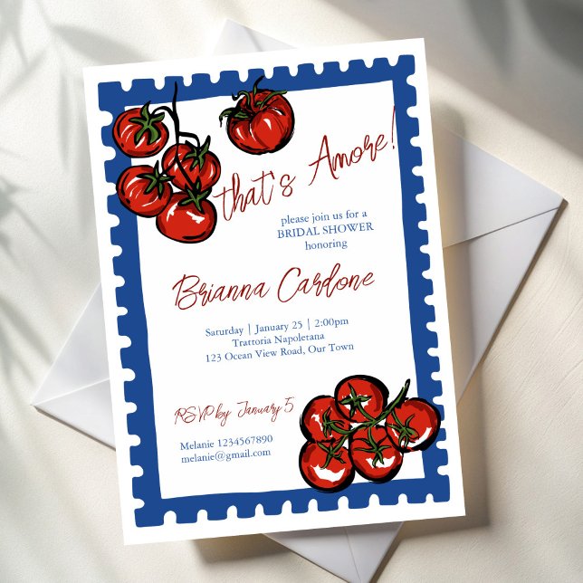 Det är amore tomatblå italiensk bröllopsdusch inbjudningar (That's amore tomato blue post stamp border Italian bridal shower Invitation cards template)