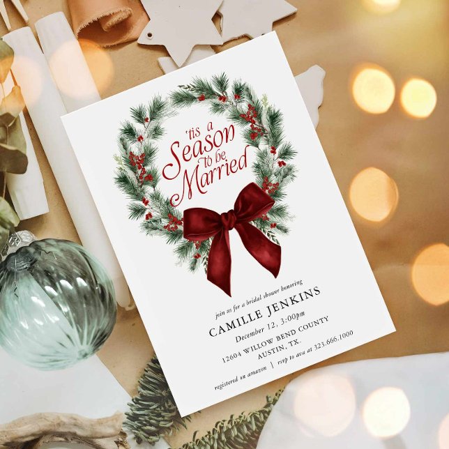 Det Är Årstiden Att Gifta Sig Bröllopsfest Inbjudningar (tis a season to be married red bow bridal shower invitation)