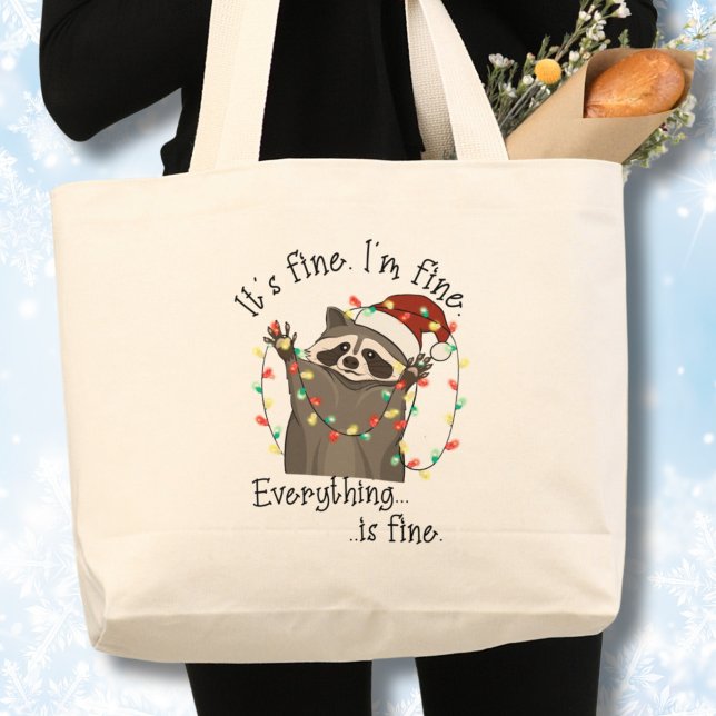 Det är Bra, jag är Bra, roligt jul Jumbo Tygkasse (Raccoon in trouble with Christmas lights, funny I'm fine,It's fine tote bag)