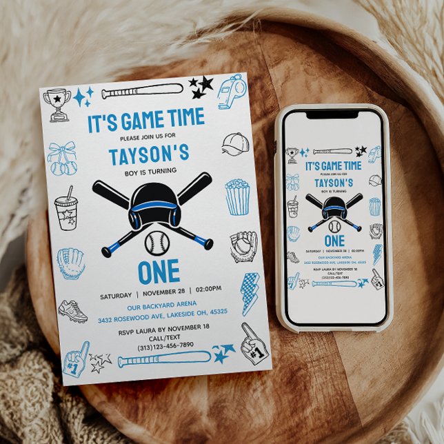Det är dags för baseboll 1-årsfest – rolig sport  inbjudningar (It’s Game Time Baseball 1st Birthday – Fun Sports Invitation
)