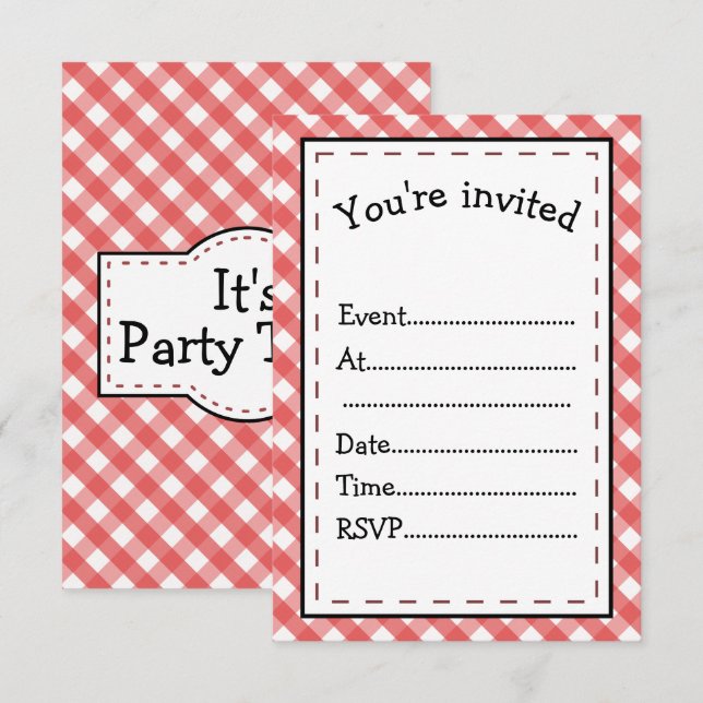 Det är dags för fest röda Gingham Inbjudningar (Fram/baksida)