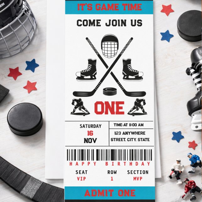 Det är dags för hockeybiljett 1-års födelsedagsfes inbjudningar (It’s Game Time Hockey Ticket 1st Birthday Party Invitation
)