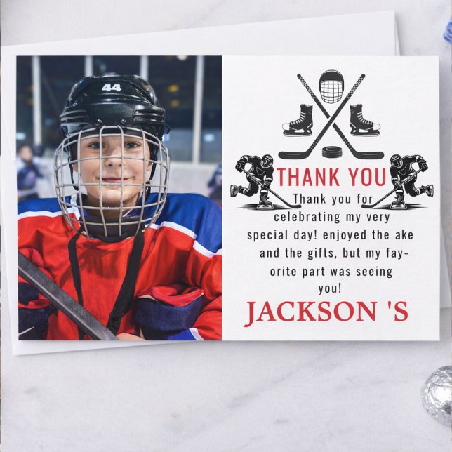 Det är dags-jockey, första födelsedagen tack kort (It’s Game Time Hockey 1st Birthday Thank You Card)