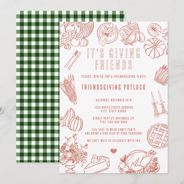 Det är en avslappnad vänlig Friendsgiving-pottluck Inbjudningar (Fram/baksida)