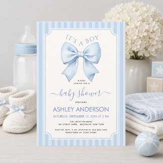 Det är en Baby Boy Blue Bow and Stripes Baby Showe Inbjudningar