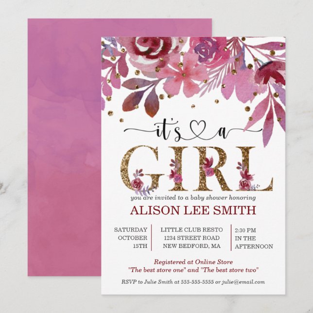 Det är en Baby Shower för flicka Lila och Guld Con (Fram/baksida)