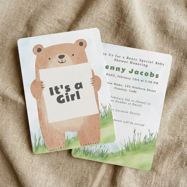 Det är en baby Shower-inbjudan till en flicka. Inbjudningar (Cute bear It’s a girl Baby Shower bear Invitation.)