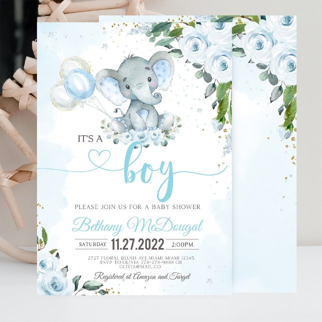 Det är en blå ballong i form av en elefantpojke inbjudningar (It's a Boy' baby shower invitation with an elephant and blue balloon design, perfect for a baby boy')