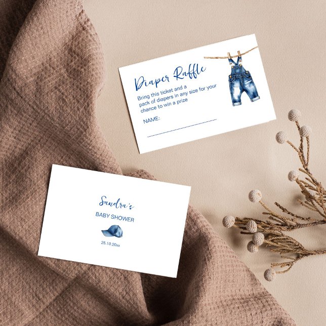 Det är en blå jeans-barndusch-raffel tilläggskort (It's a boy blue jeans baby shower diaper raffle card minimalist watercolor baby jeans diaper raffle)