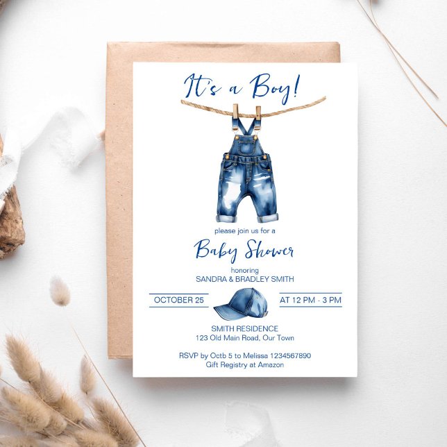 Det är en blå jeans-barnduschmall. inbjudningar (It's a boy blue jeans baby shower template invitation digital download cute jeans overalls and a cap)