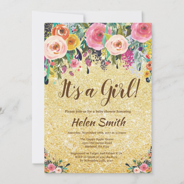 Det är en blom- guld- glitterbaby shower för inbjudningar (Framsida)