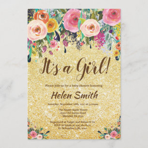 Det är en blom- guld- glitterbaby shower för inbjudningar