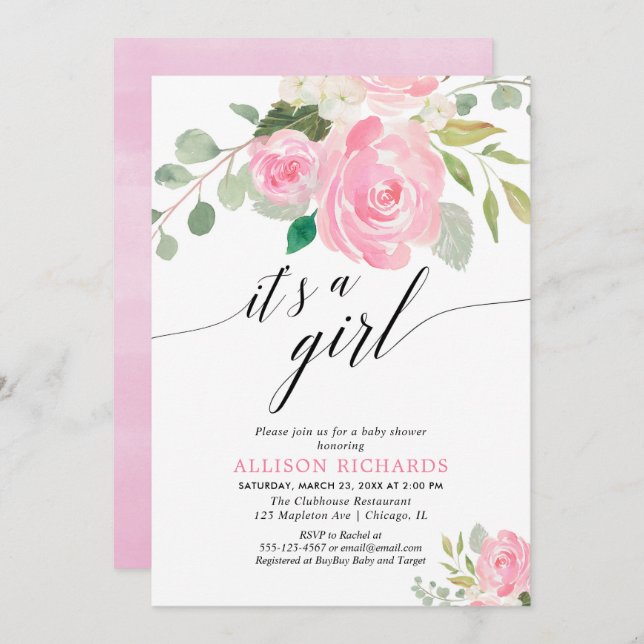 Det är en blommigt-dusch för rosa av  inbjudningar (Fram/baksida)