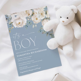 Det är en blommigt för "Pojke damsty Blue White el Inbjudningar