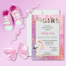 Det är en Blommigt Stork Baby Shower-inbjudan.