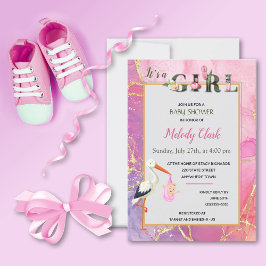Det är en Blommigt Stork Baby Shower-inbjudan. Kort