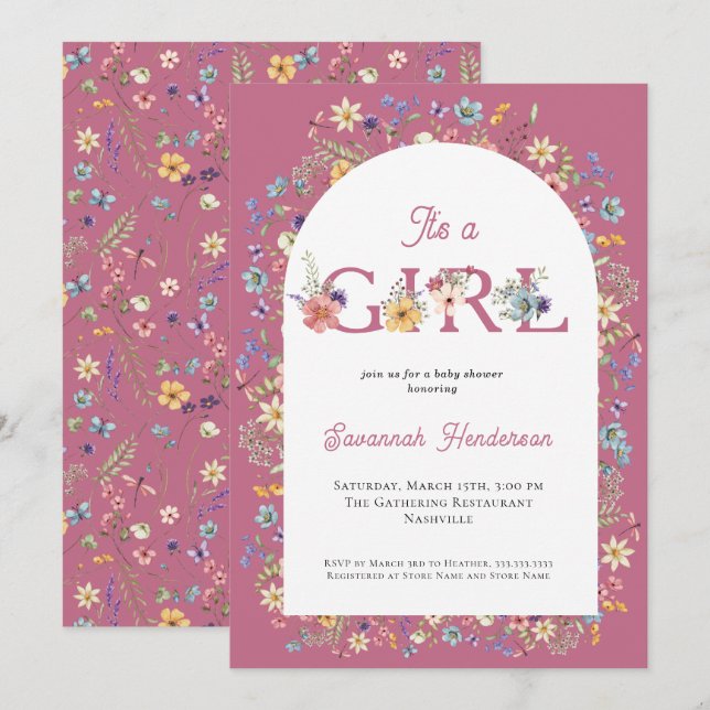 Det är en Blommigt Wildblomme Rosa Baby Shower Inbjudningar (Fram/baksida)