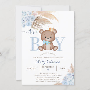 Det är en BOY Blue Pampas Grass Boho Nalle Baby Inbjudningar
