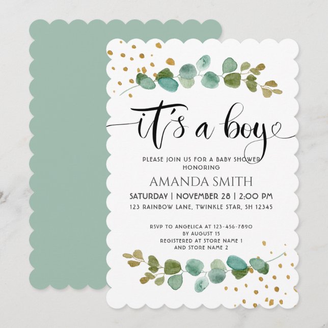 Det är en Boy Elegant Boy Eucalyptus Baby Shower Inbjudningar (Fram/baksida)