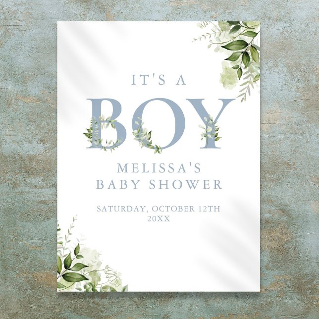 Det är en Boy Greenery Blue Baby Shower-skylt Poster (Its A Boy Greenery Blue Baby Shower Sign)