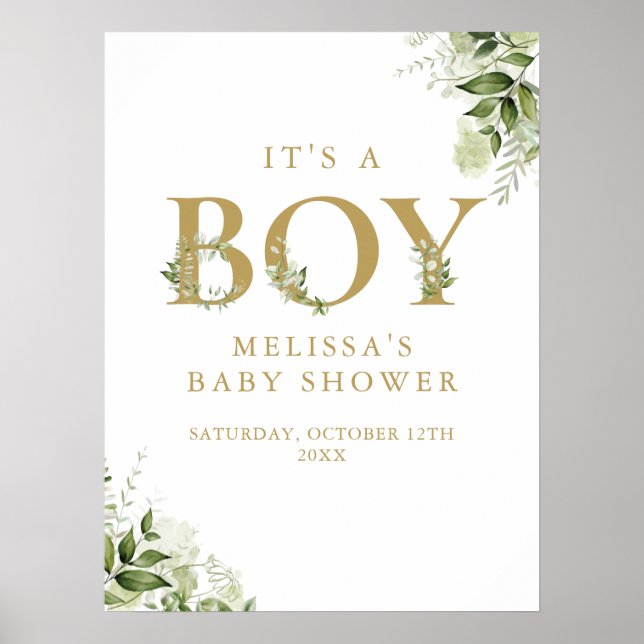 Det är en Boy Greenery Guld Baby Shower-skylt Poster (Framsidan)