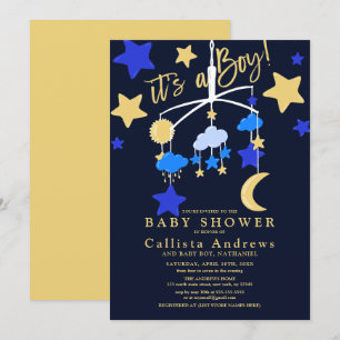 Det är en Boy Måne Stars Crib Mobile Baby Shower Inbjudningar