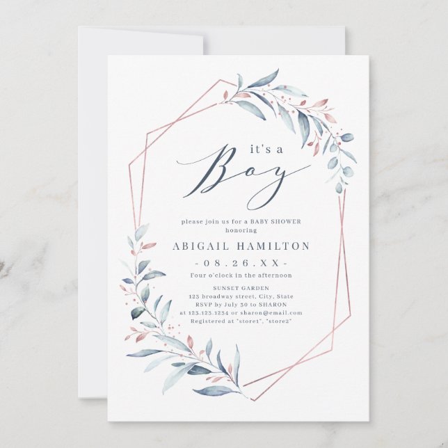 Det är en Boy ro guld Blue Greenery Baby Shower Inbjudningar (Framsida)